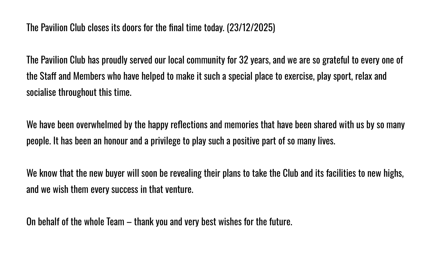 Pavilion Club Closed December 2025